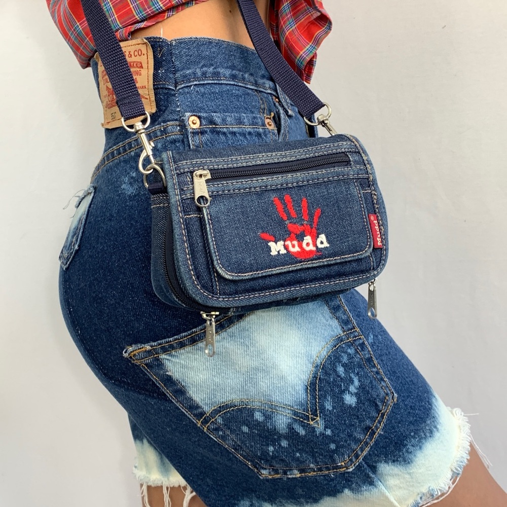 Vintage Mudd Denim Crossbody Bag with Red Handprint Detail 90s Y2K